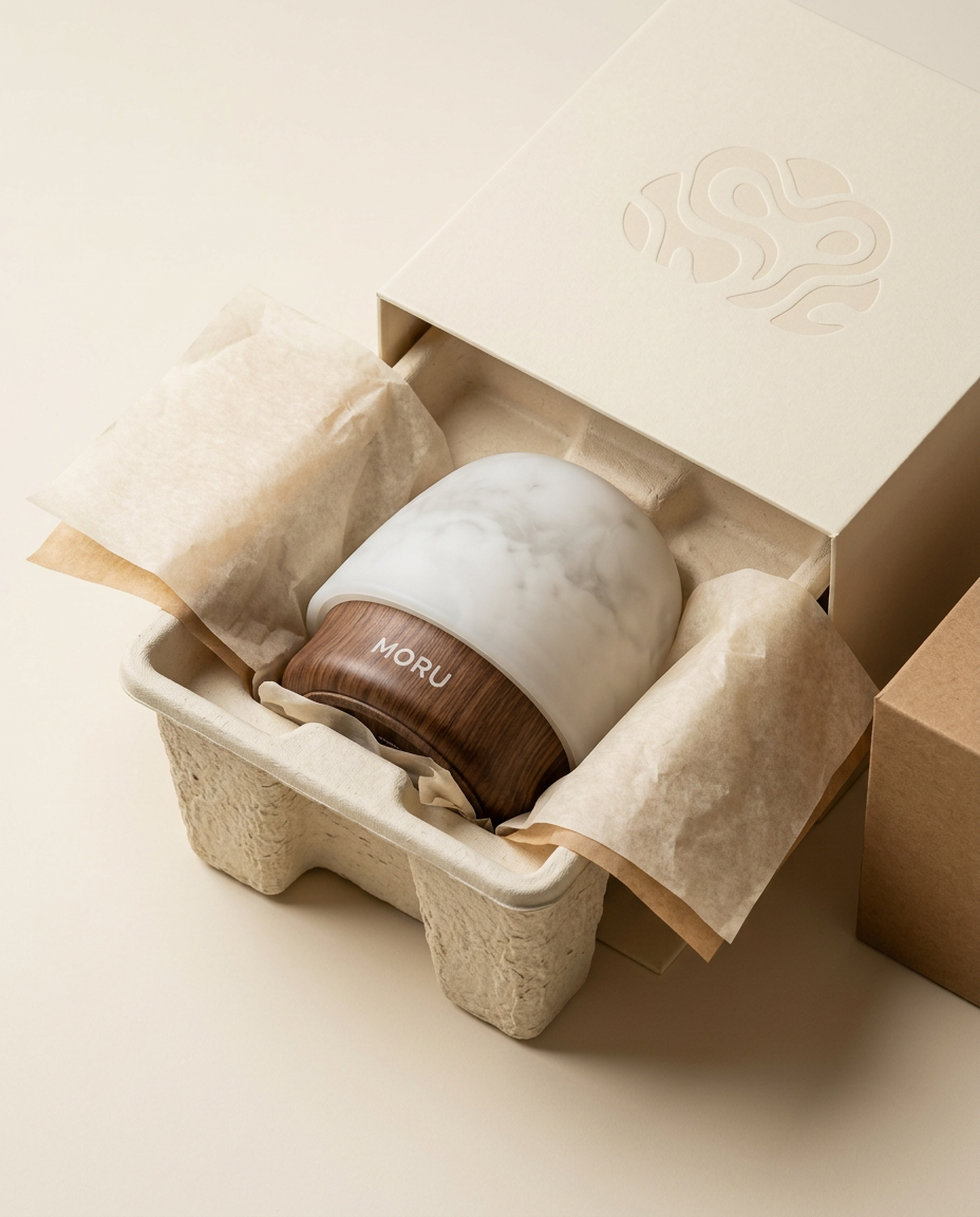 MORU Aura ambient table light nested in premium ivory packaging with tissue paper