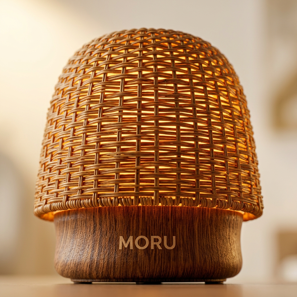 Close-up of MORU Aura's woven lampshade texture and wood grain base