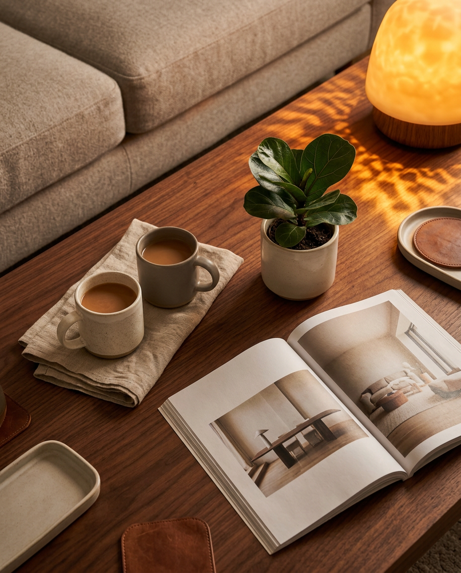 MORU Aura ambient table light glowing beside a styled coffee table scene