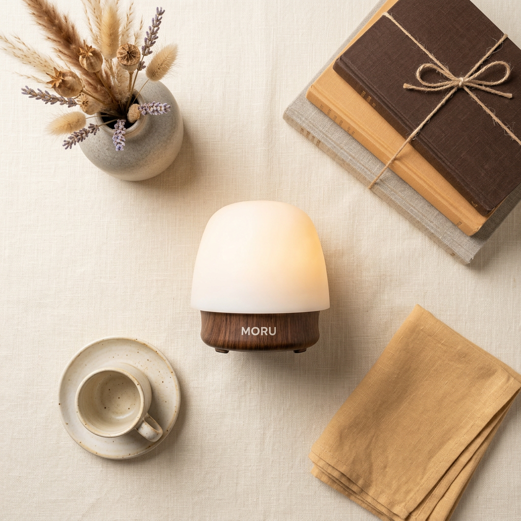 MORU Aura ambient table light styled in an editorial flat lay