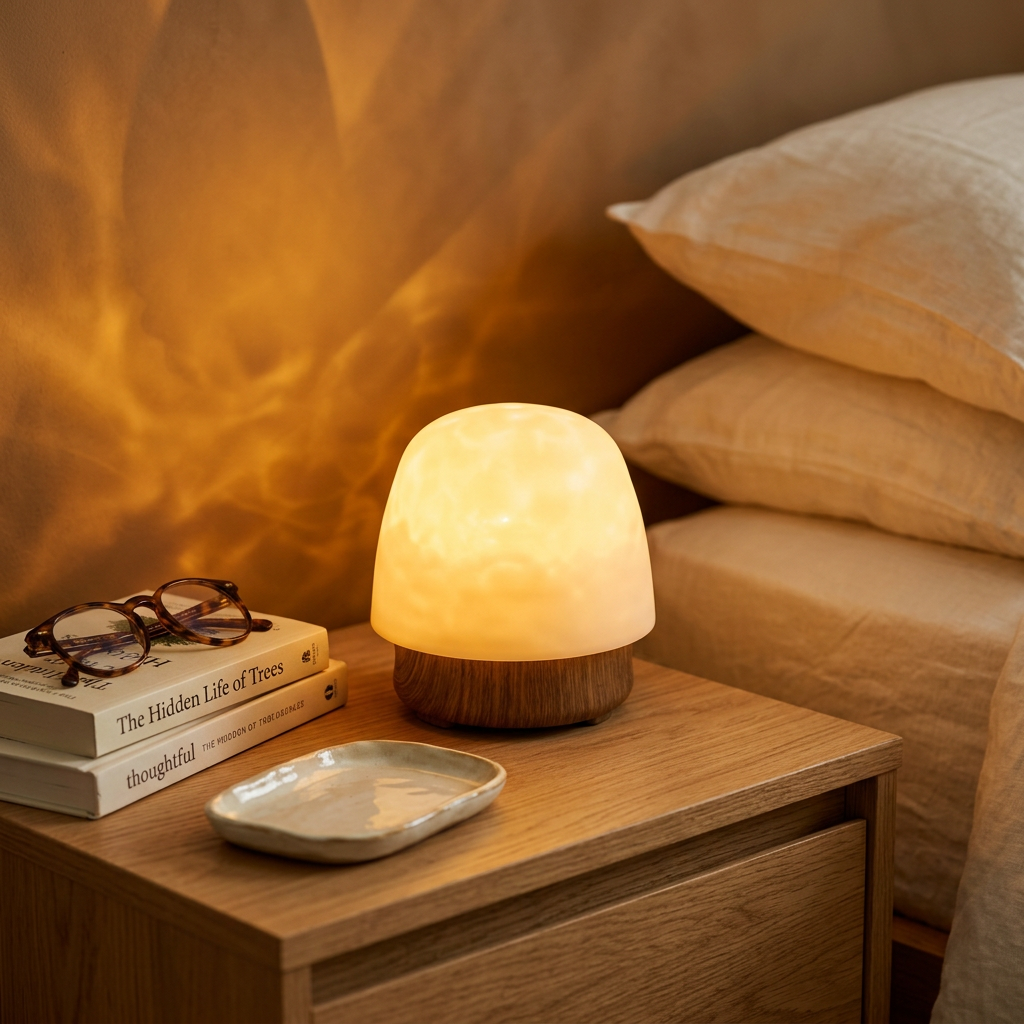 MORU Aura ambient table light on a styled oak nightstand with books and reading glasses